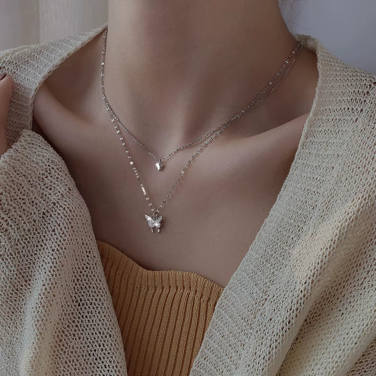 Exquisite Double Layer Butterfly Necklace for Women - Elegant Clavicle Chain Jewelry Gift