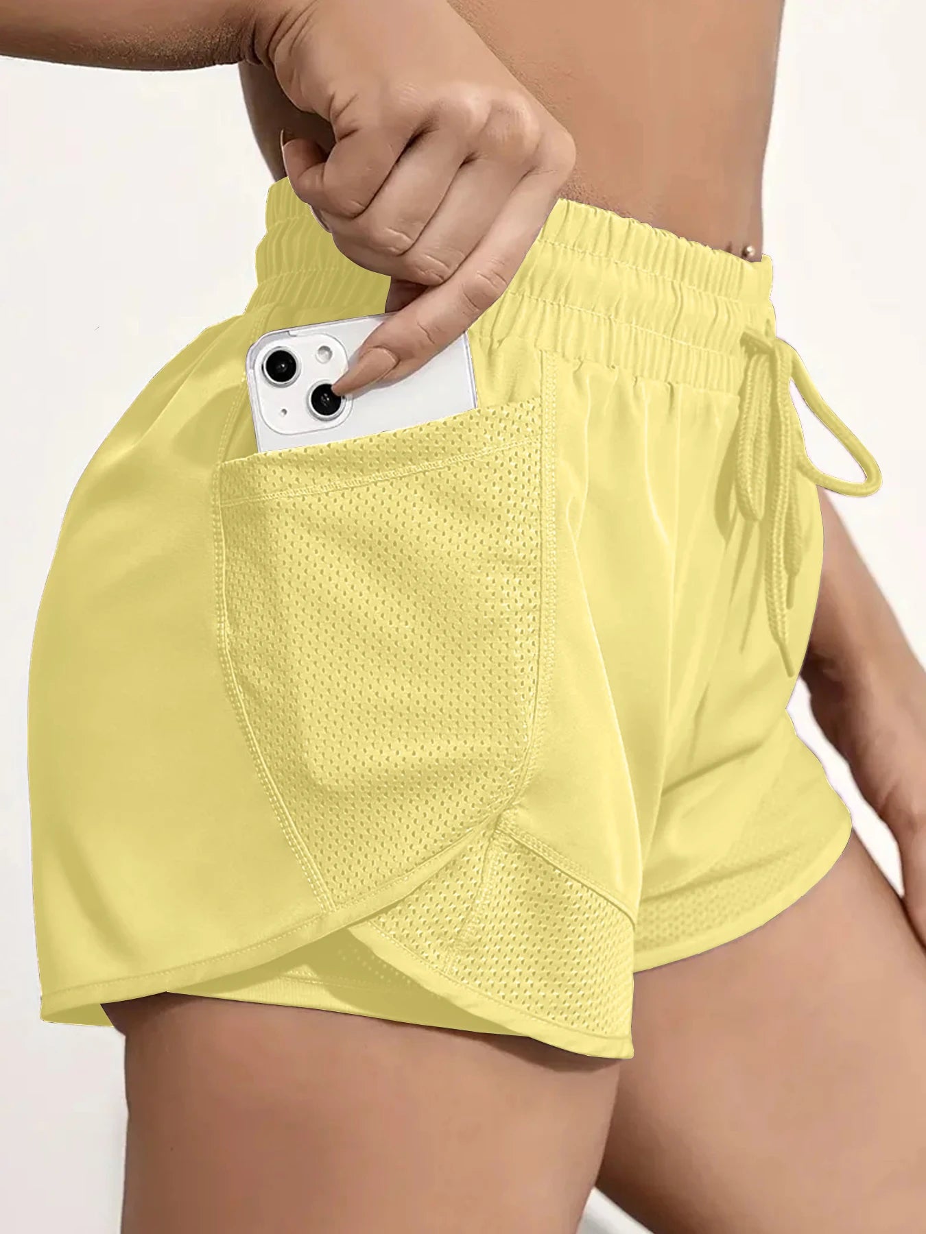 Women's Elastic Sports Shorts with Pockets - Faux Two-Piece Yoga Leggings for Running and Training