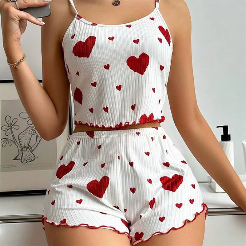 Women's 2-Piece Pajama Set - Soft and Breathable Casual Sleepwear with Love Print in White, Available in S, M, L