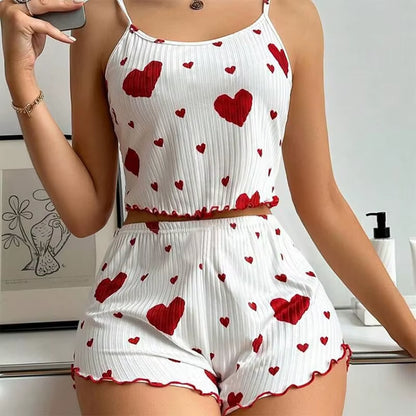 Women's 2-Piece Pajama Set - Soft and Breathable Casual Sleepwear with Love Print in White, Available in S, M, L