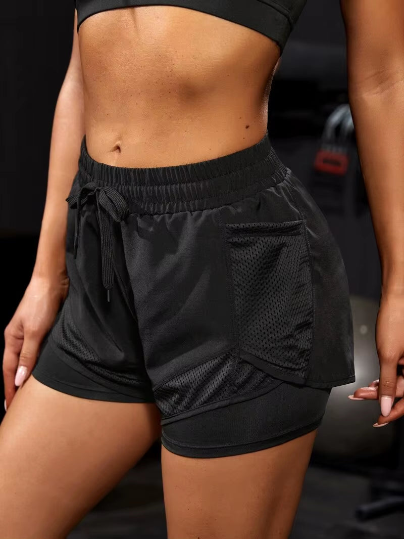 Women's Elastic Sports Shorts with Pockets - Faux Two-Piece Yoga Leggings for Running and Training