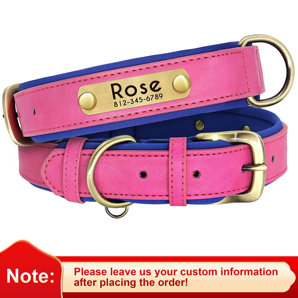 Personalized PU Leather Dog Collar with Soft Padding and Free Engraving for Small, Medium, and Large Dogs - Adjustable Fit