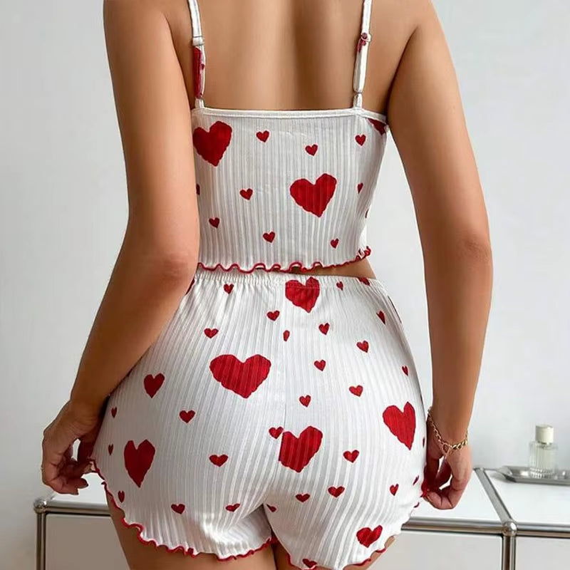 Women's 2-Piece Pajama Set - Soft and Breathable Casual Sleepwear with Love Print in White, Available in S, M, L