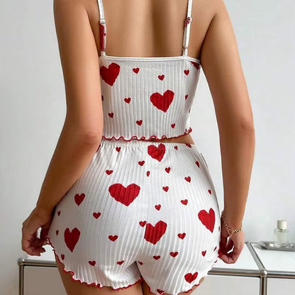 Women's 2-Piece Pajama Set - Soft and Breathable Casual Sleepwear with Love Print in White, Available in S, M, L