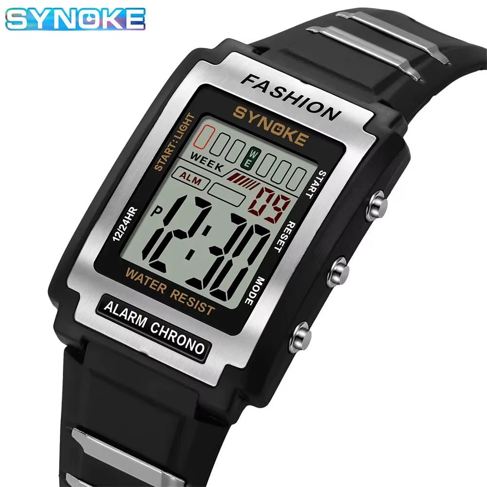 Men's Rectangular Sports Electronic Watch - 50M Waterproof, Night Light, Large Screen, Alarm Clock, Retro Style