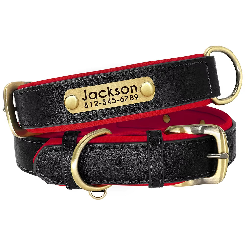 Personalized PU Leather Dog Collar with Soft Padding and Free Engraving for Small, Medium, and Large Dogs - Adjustable Fit
