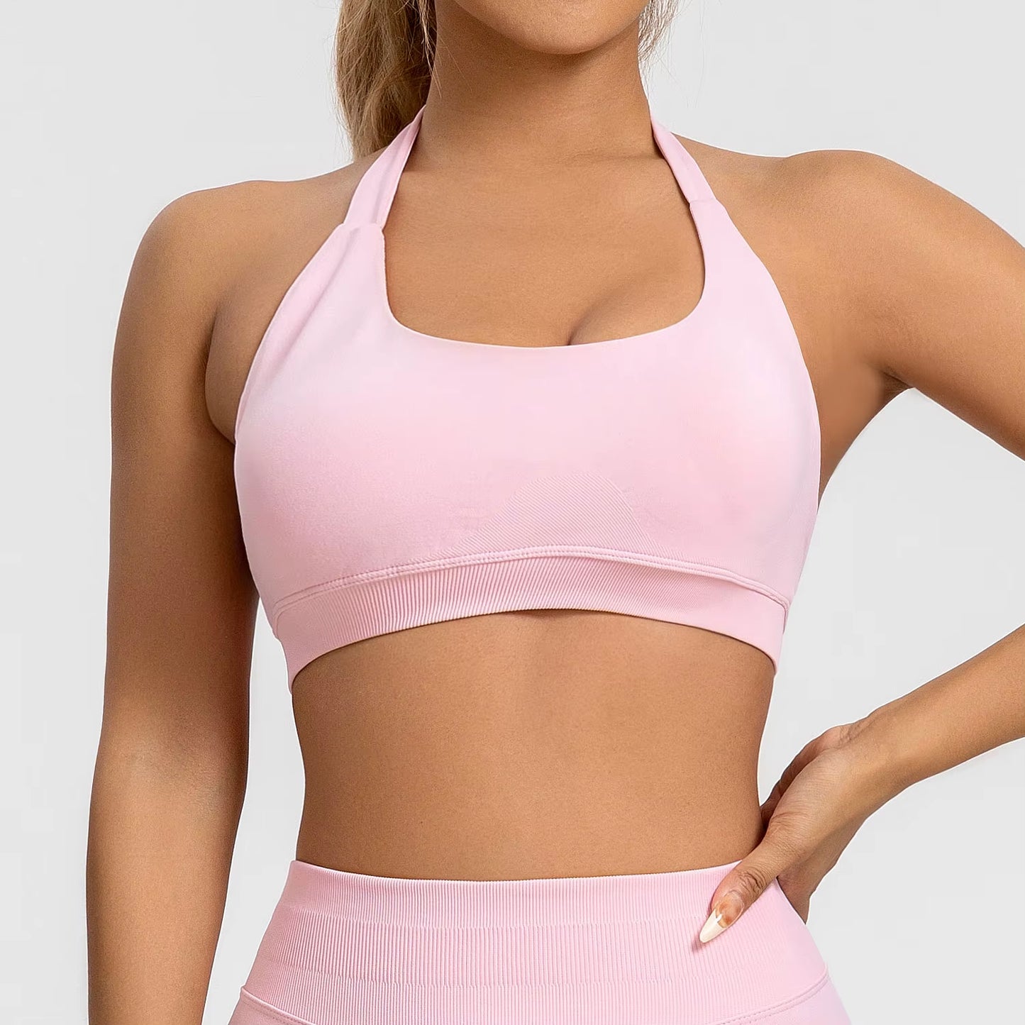 High Support Seamless Halter Sports Bra for Women - Open Back Design for Gym, Yoga, and Fitness Activities