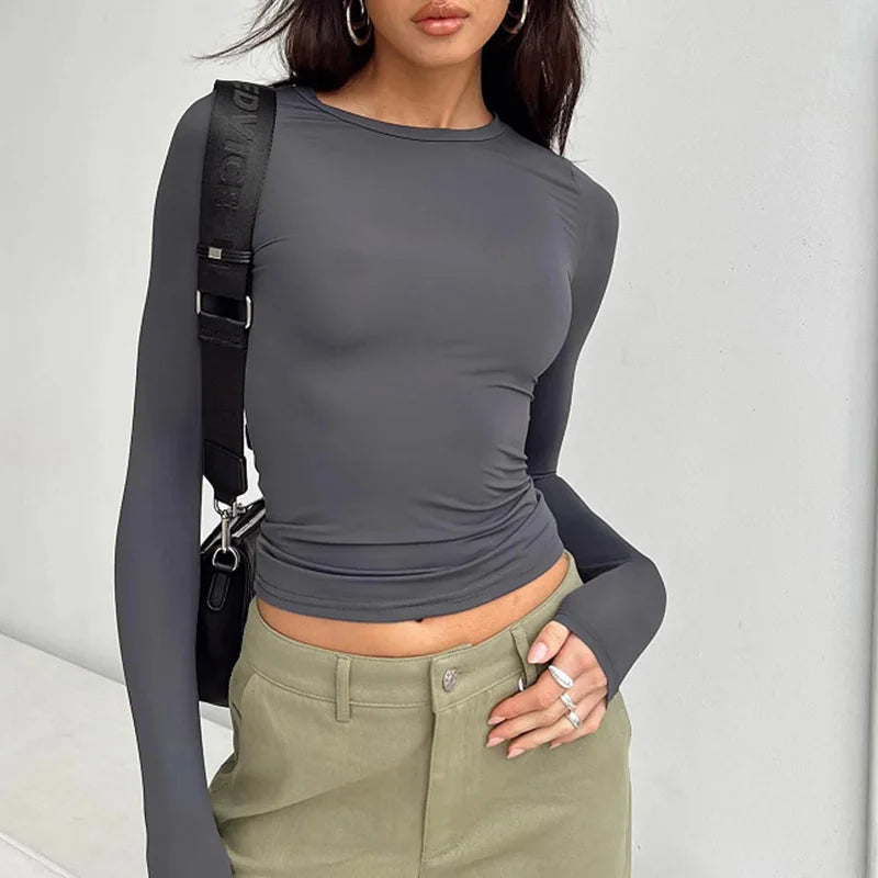 Women's Casual Long Sleeve T-Shirts - Solid Slim Fit Pullover Tees for Spring and Autumn Streetwear
