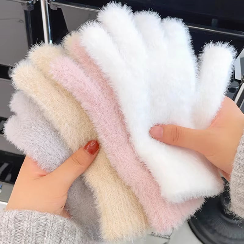 Winter Mink Velvet Five-Finger Gloves for Women - Plush, Warm, and Cold-Proof for Outdoor Activities and Cycling in Solid Colors