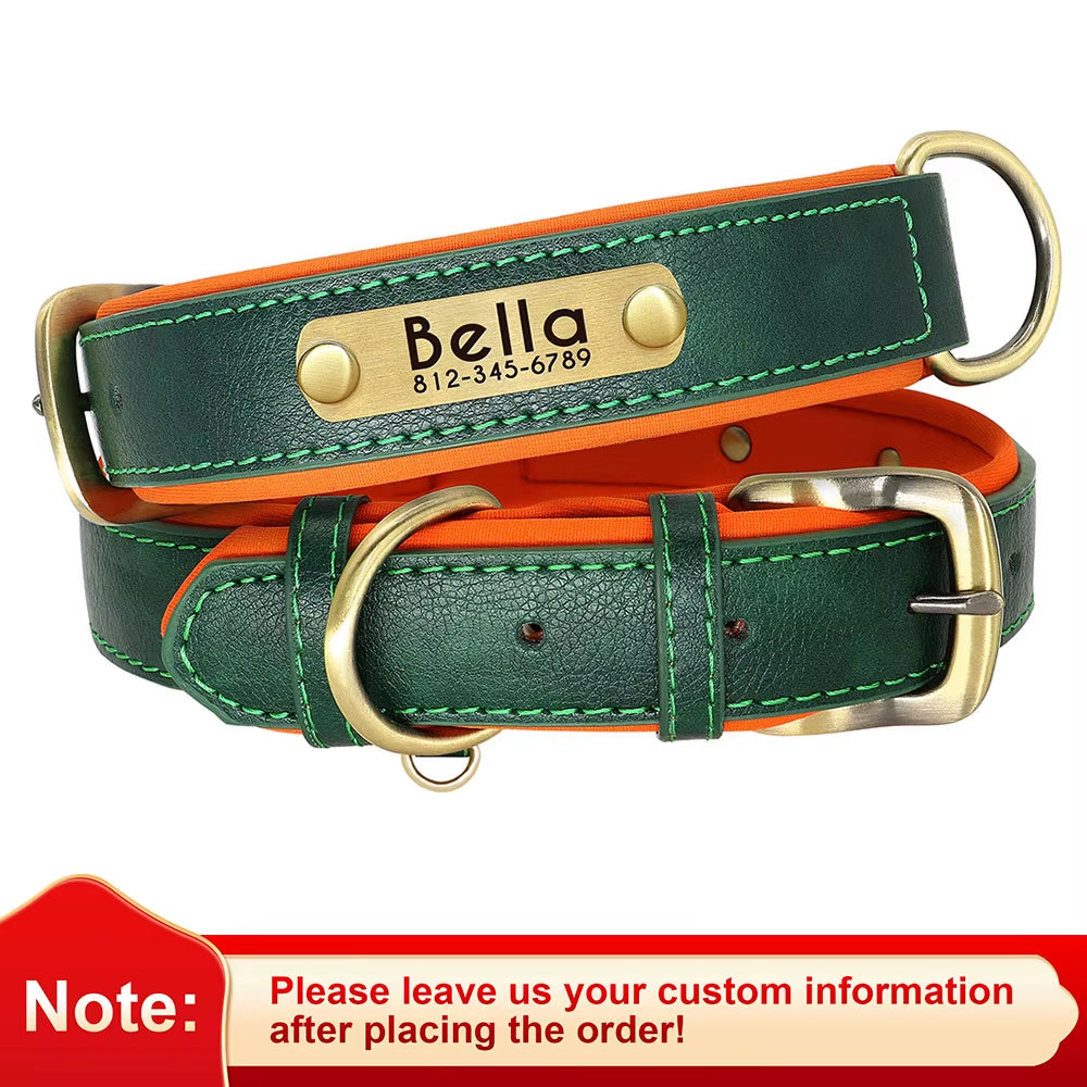 Personalized PU Leather Dog Collar with Soft Padding and Free Engraving for Small, Medium, and Large Dogs - Adjustable Fit