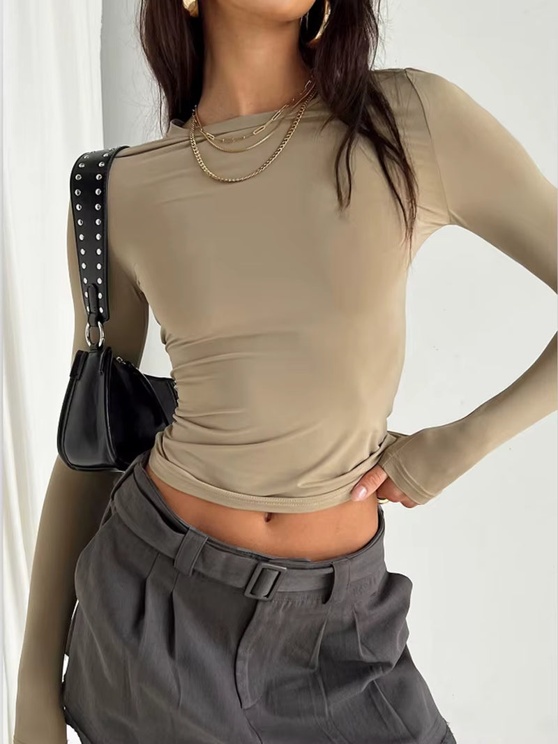 Women's Casual Long Sleeve T-Shirts - Solid Slim Fit Pullover Tees for Spring and Autumn Streetwear