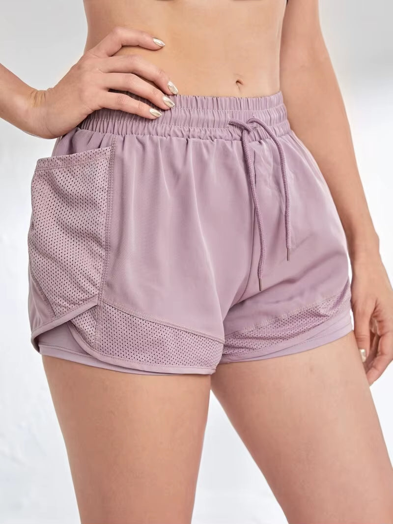 Women's Elastic Sports Shorts with Pockets - Faux Two-Piece Yoga Leggings for Running and Training